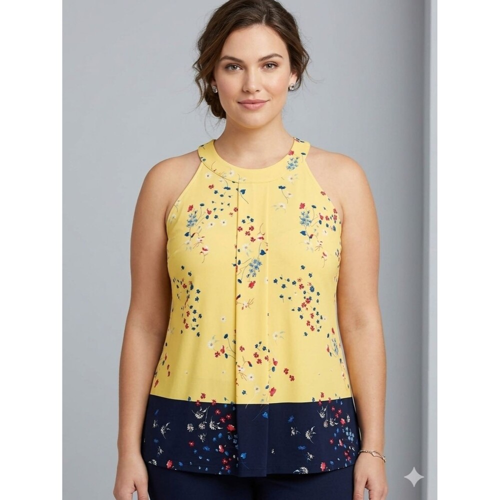 Charter Club Plus 1X Floral Halter Neck Top Yellow Navy Border Print